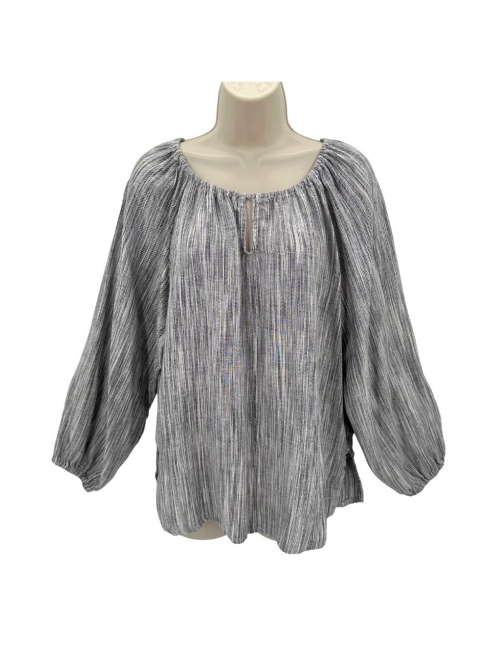 Boston Traders Gray Peasant Striped Keyhole Blouse M Viscose & Linen Relaxed Fit